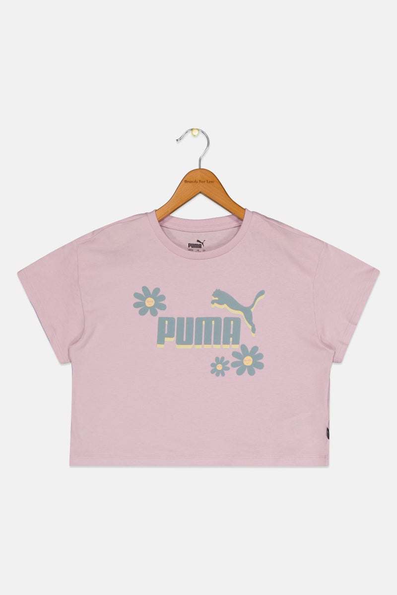 PUMA Kids Girl Brand Logo Summer Flower Outdoor Crop T-Shirt, Lilac - Image 2